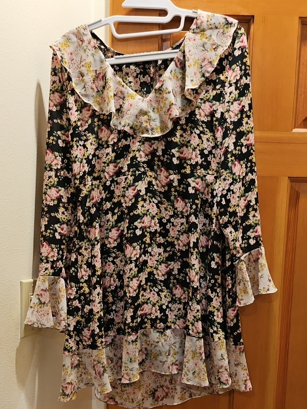 Floral Ruffle Tunic Dress - Black with Pink & Cream Roses